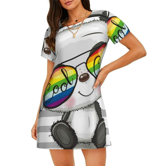 Daiia Panda with Sun glasses Print Women's Nightshirt Soft Nightgowns for Women Short Sleeve dress Short-sleeved Sleepwear