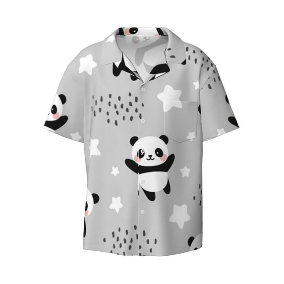 Daiia Pandas Men's Linen Shirts Short Sleeve Casual Shirts Button Down Shirt for Men Beach Summer Wedding Shirt-XX-Large
