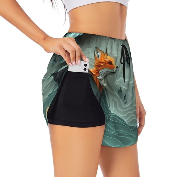 Daiia Paper Fox Crow Fantasy Pattern Women's 2 in 1 Running Shorts - Lightweight Athletic Workout Gym Yoga Shorts Liner with Phone Pockets-Large