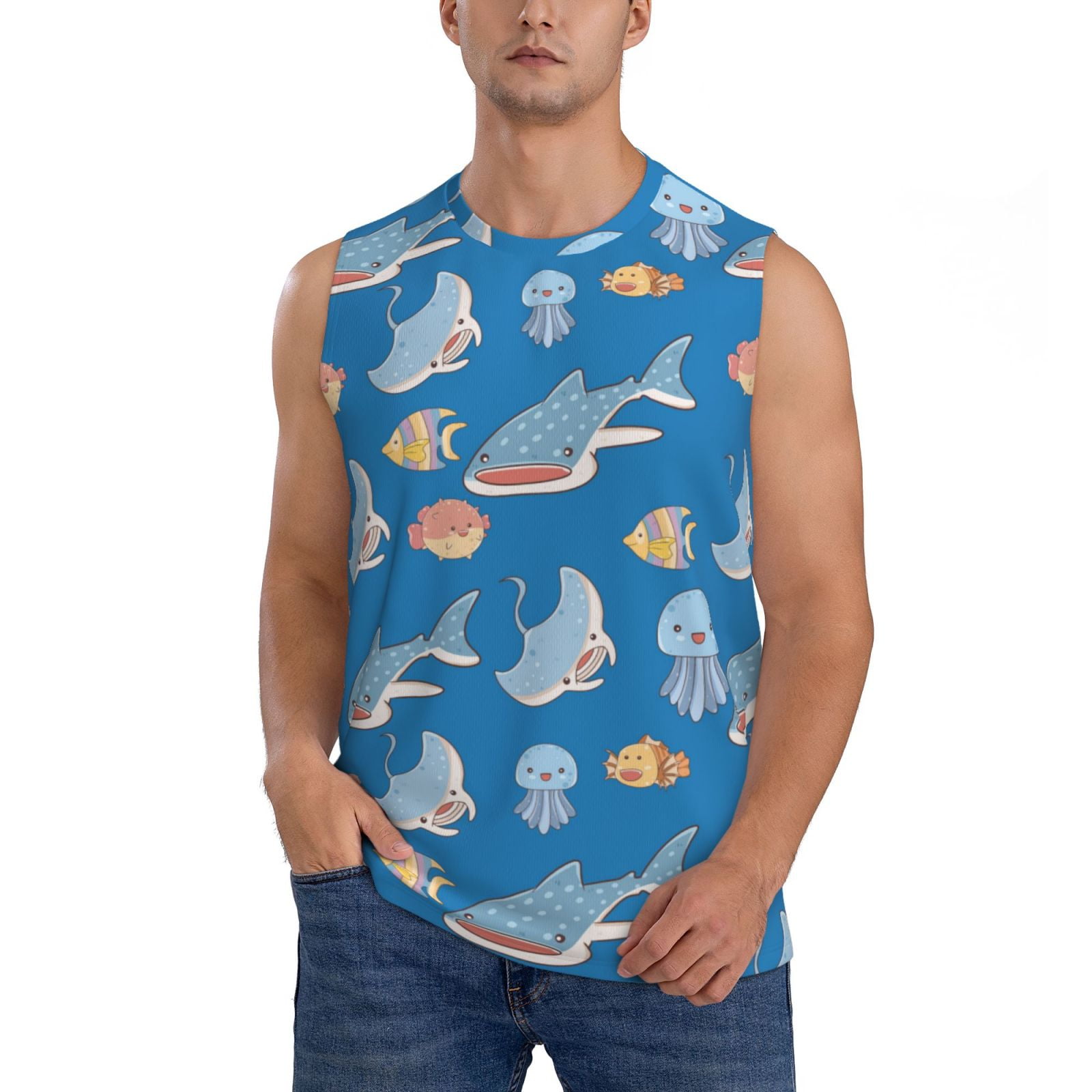 Daiia Party Shark Cute Printed Men's Tank Tops,Casual Soft Sleeveless