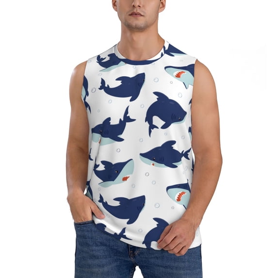Daiia Party Shark Cute Printed Men's Tank Tops,Casual Soft Sleeveless Gym Muscle Shirts Bodybuilding Tee-XX-Large