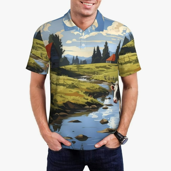 Daiia Pasture Cow A Pattern Men’s Polo Shirts,Solid Deck Shirt,Classic Fit, Breathable Cotton Polo for Casual and Sport Wear-XX-Large