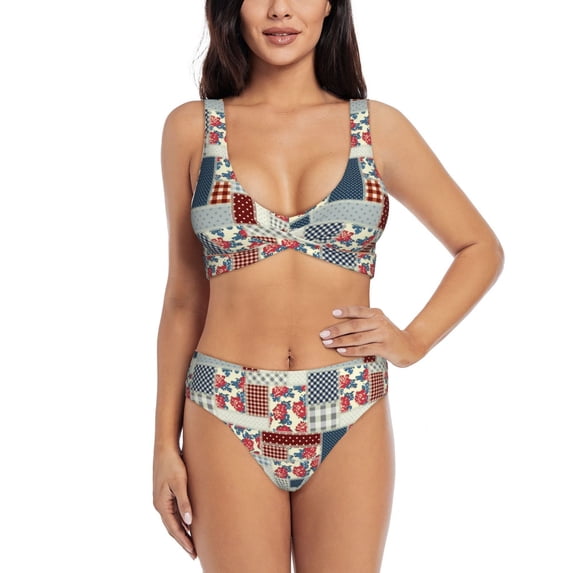 Daiia Patchwork In Country Style Women's Bikini Set Two Piece Swimsuit High Waisted Bikini Adjustable Straps Bikini Perfect for Beach, Pool, and Summer Vacation-Small