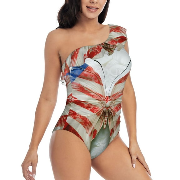 Daiia Patriotic Butterfly Floral Women's One Piece Swimsuits Personalized One Shoulder Swimwear Asymmetric Ruffle Bathing Suits-XX-Large