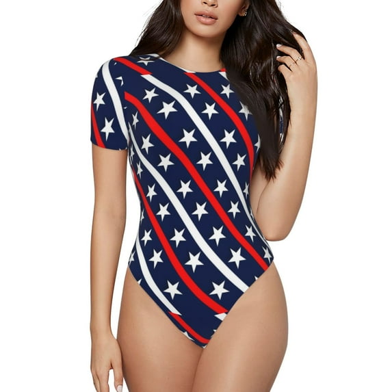 Daiia Patriotic Star print Women's Crew Neck Short Sleeve Bodysuit Fashion Tops Fit Casual Basic Extender Bodysuit-Large