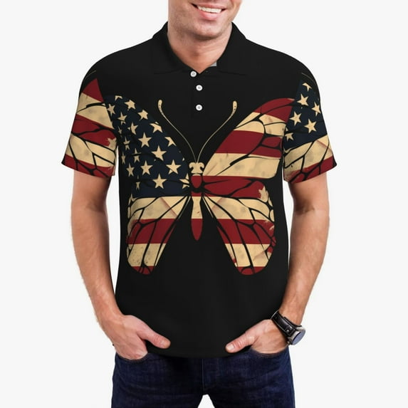 Daiia Patriotic USA Butterfly Art Pattern Men’s Polo Shirts,Solid Deck Shirt,Classic Fit, Breathable Cotton Polo for Casual and Sport Wear-Medium