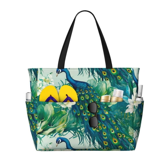 Daiia Peacock And Flowers Beach Travel Bag - Water-Resistant Beach Bag, Lightweight Tote with 7 Pockets for Women and Men - Gym,Pool,Camping,Reusable Grocery Bag