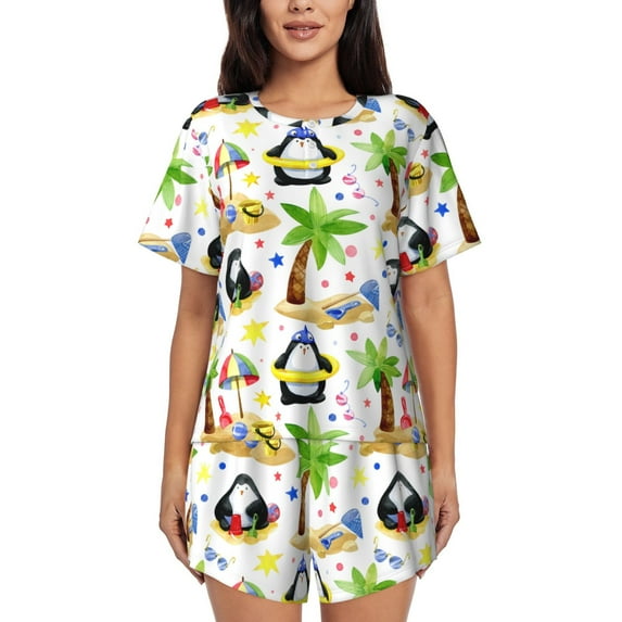 Daiia Penguins On The Beach Pattern Womens Pajama Sets Short Sleeve Pajamas for Women Sets Soft Lounge Sets Casual Round Neck Sleepwear PJS-X-Large