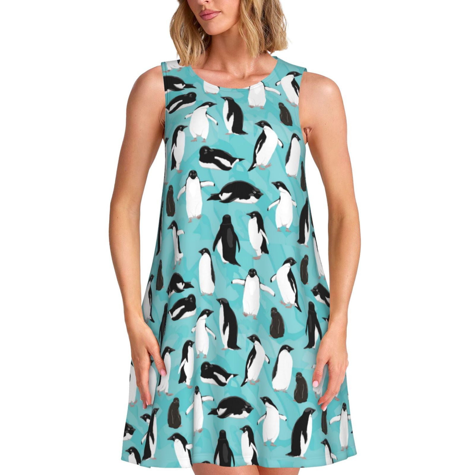 Daiia Penguins Print Women's Dresses 2025 Trendy Short sleeve Dresses Casual Baggy Flowy Maxi ...