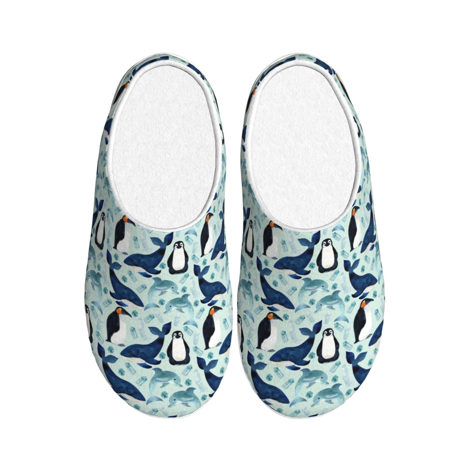 Daiia Penguins Whales Print Women’s Fuzzy Slippers Memory Foam ...