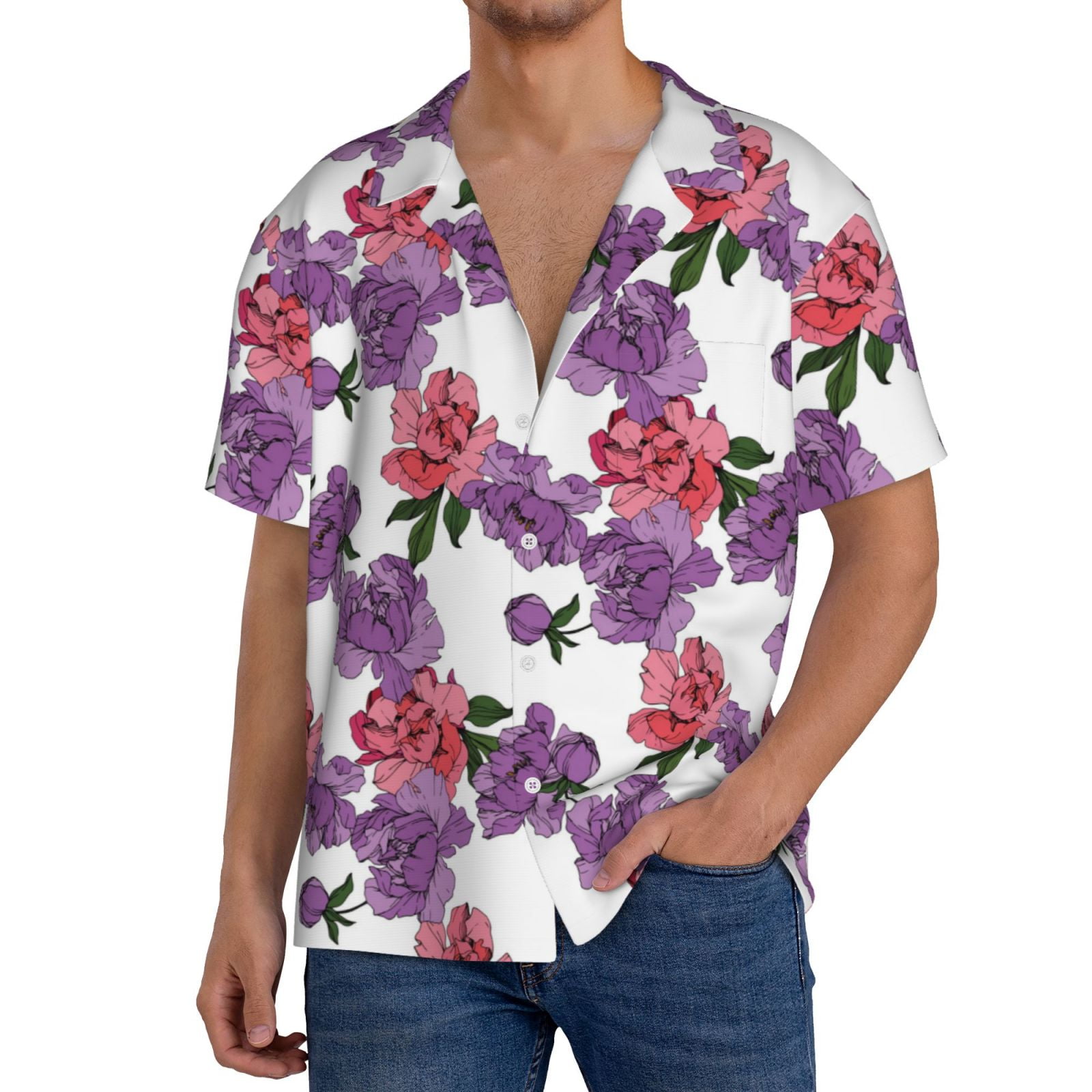 Daiia Peonies Men's Linen Shirts Short Sleeve Casual Shirts Button Down ...