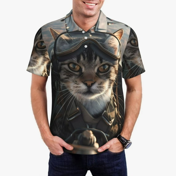 Daiia Pilot Cat In Vintage Plane Pattern Men’s Polo Shirts,Solid Deck Shirt,Classic Fit, Breathable Cotton Polo for Casual and Sport Wear-Medium