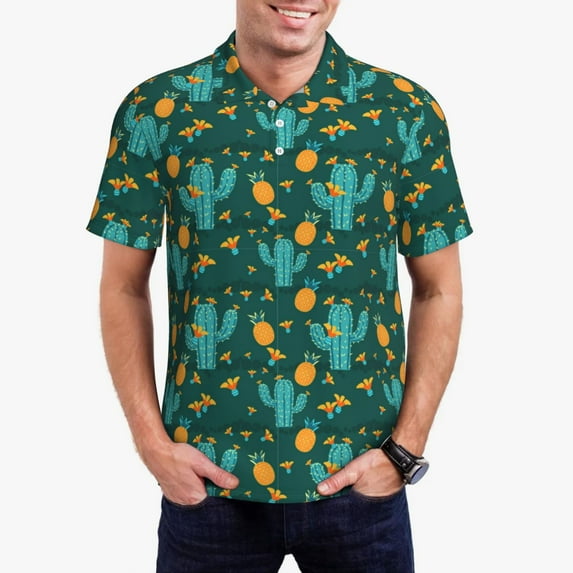 Daiia Pineapple And Cactus Pattern Men’s Polo Shirts,Solid Deck Shirt,Classic Fit, Breathable Cotton Polo for Casual and Sport Wear-Large