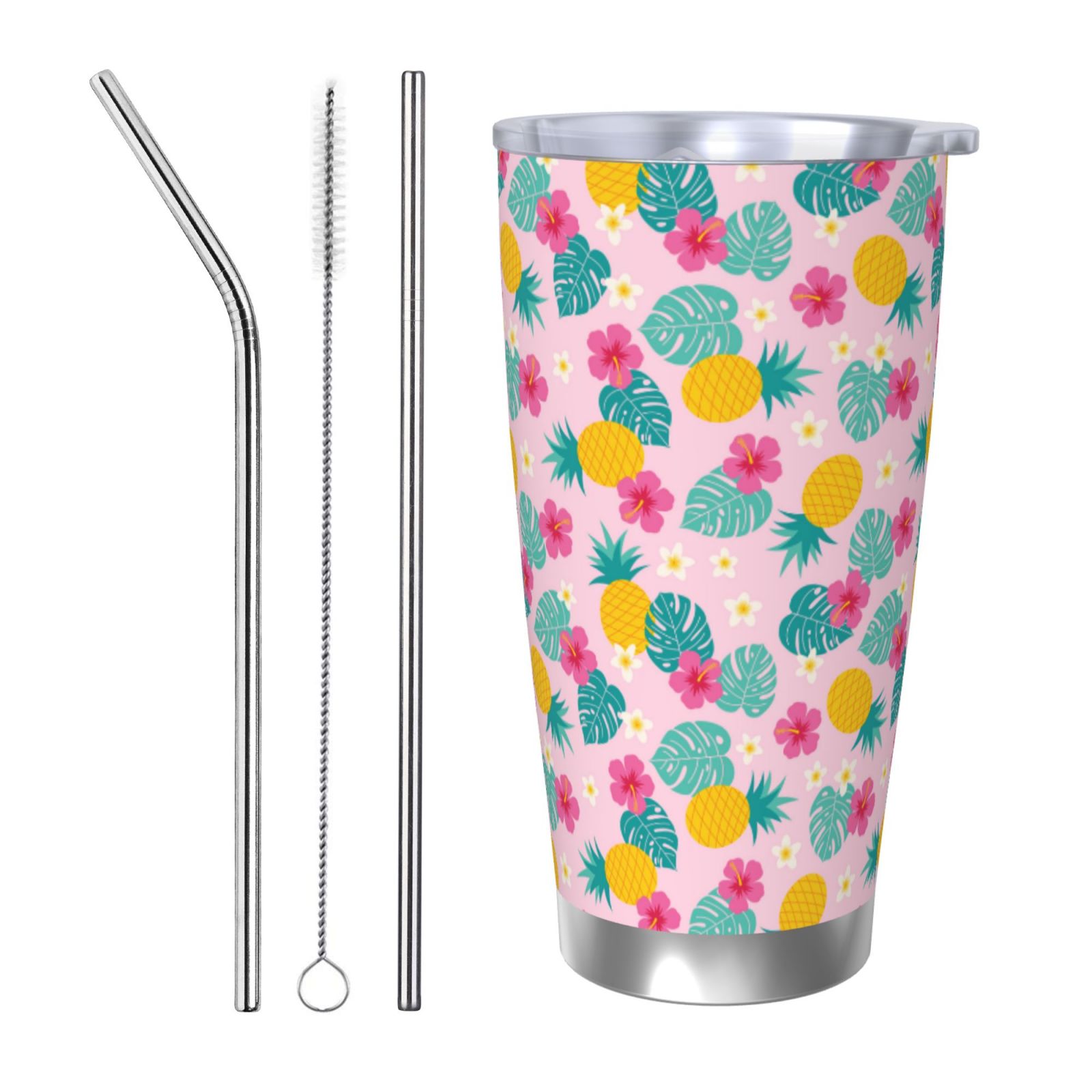 Daiia Pineapple And Leaves Printed 20oz Insulated Coffee Cup with Straw ...