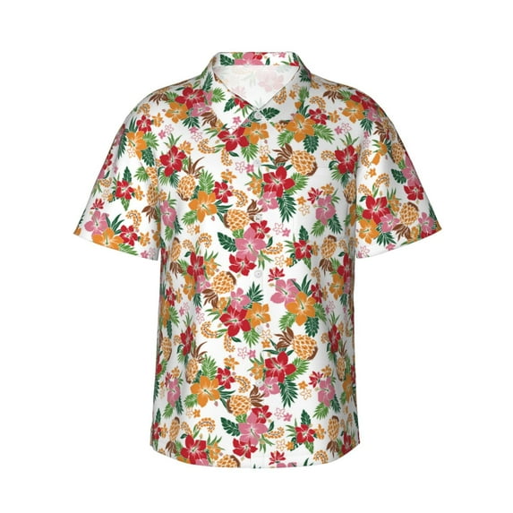 Daiia Pineapple Flower Hawaiian Shirt for Men Gentle Cotton Regular Short Sleeve Casual-Large