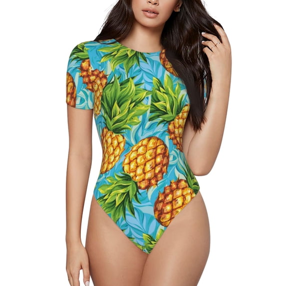 Daiia Pineapple print Women's Crew Neck Short Sleeve Bodysuit Fashion Tops Fit Casual Basic Extender Bodysuit-Large