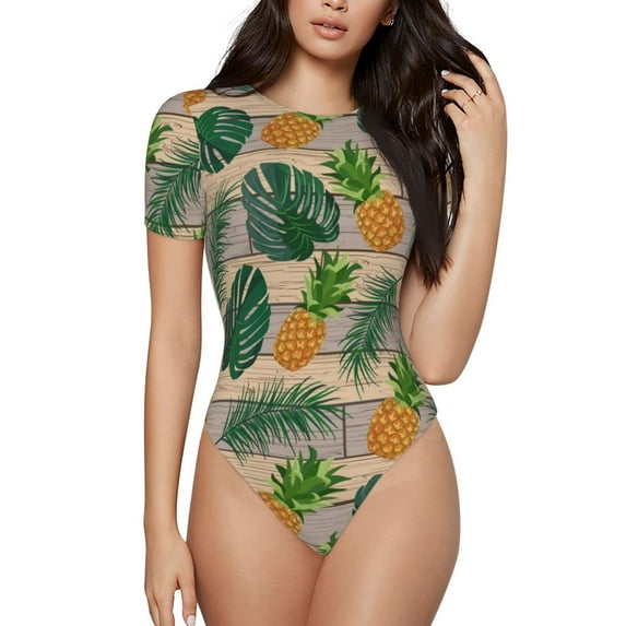 Daiia Pineapples Palm Leaves print Women's Crew Neck Short Sleeve Bodysuit Fashion Tops Fit Casual Basic Extender Bodysuit-Small