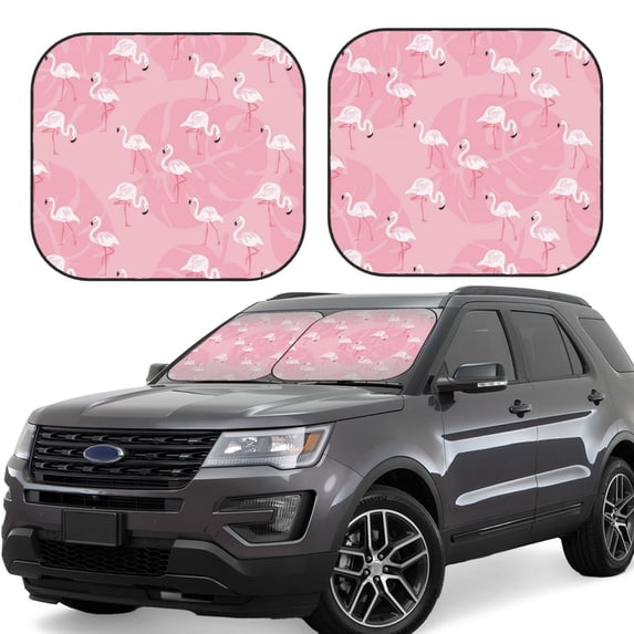 Daiia Pink Flamingos and Flowers 2PCS Car Windshield Sun Shade, Foldable Sun Shield for Car Front Window, Auto Sun Blocker Visor Protector Universal for Truck SUV Pickup-Small