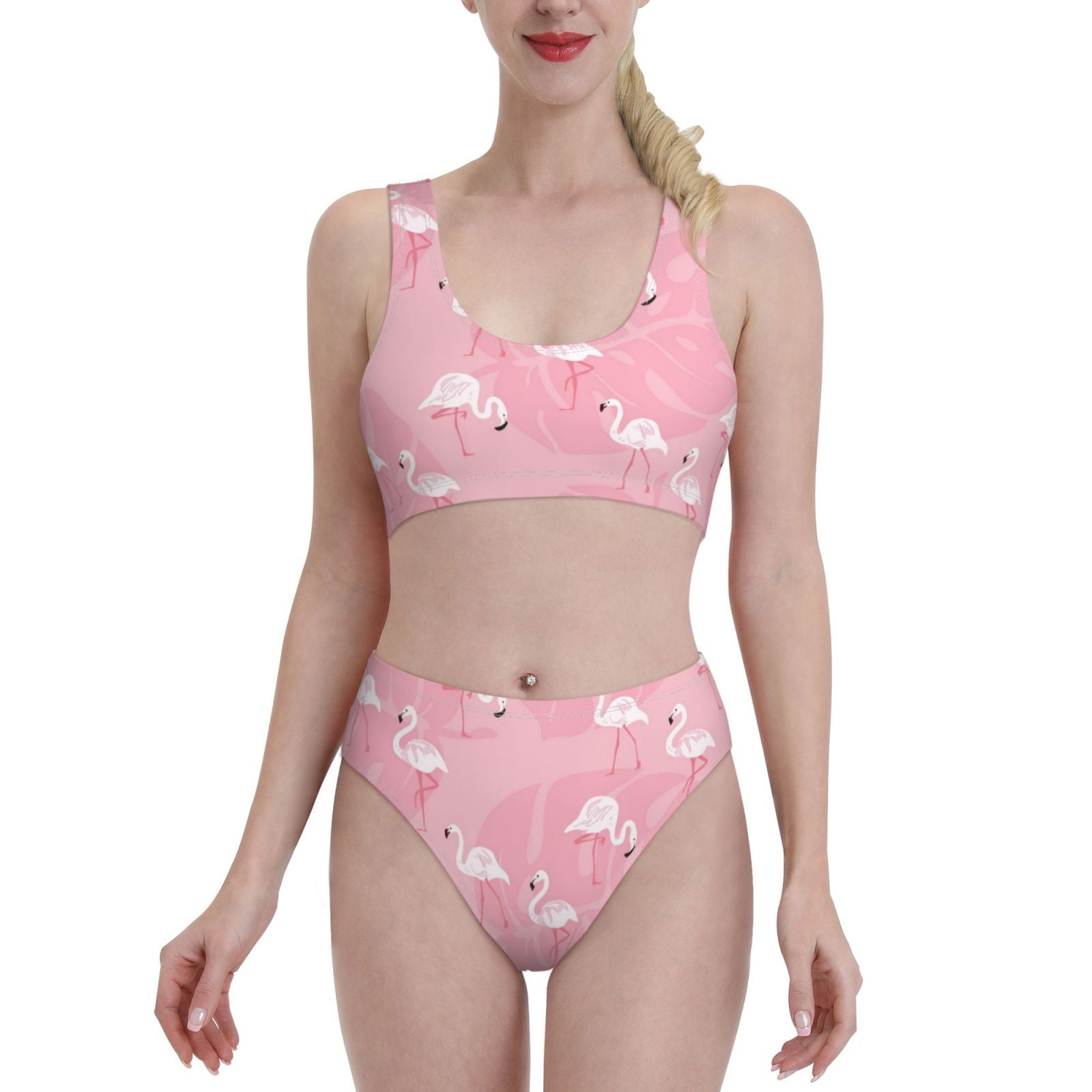 Daiia Pink Flamingos and Flowers printed 2 piece Swimsuit Bikinis for