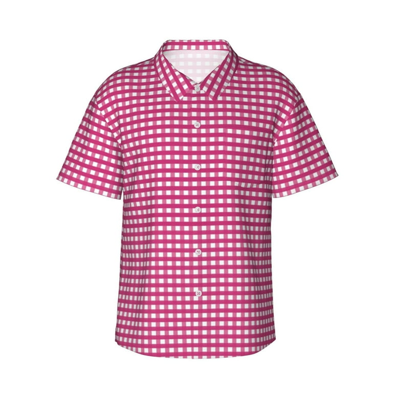 Daiia Pink Gingham Hawaiian Shirt for Men Gentle Cotton Regular Short  Sleeve Casual-3X-Large