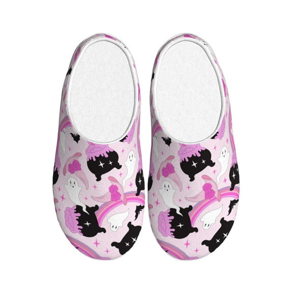 Daiia Pink Girl Halloween Print Women’s Fuzzy Slippers Memory Foam Lightweight House Shoes Cozy Loafer Flannel House Shoes-46/47