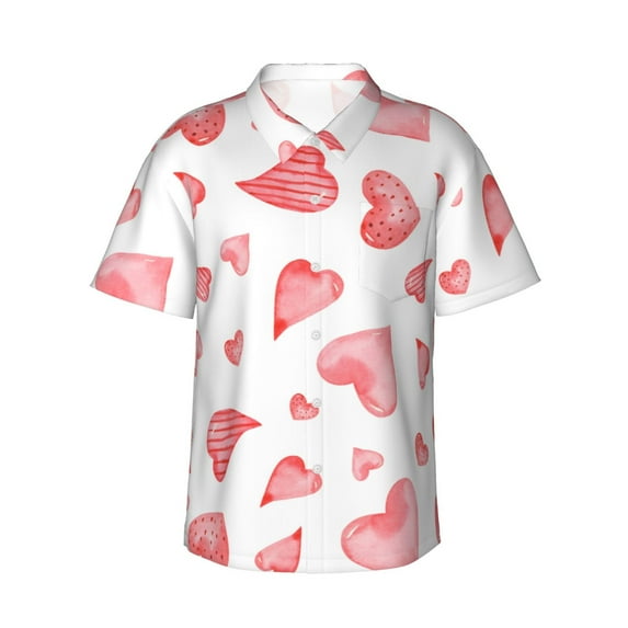Daiia Pink Hearts Hawaiian Shirt for Men Gentle Cotton Regular Short Sleeve Casual-Small
