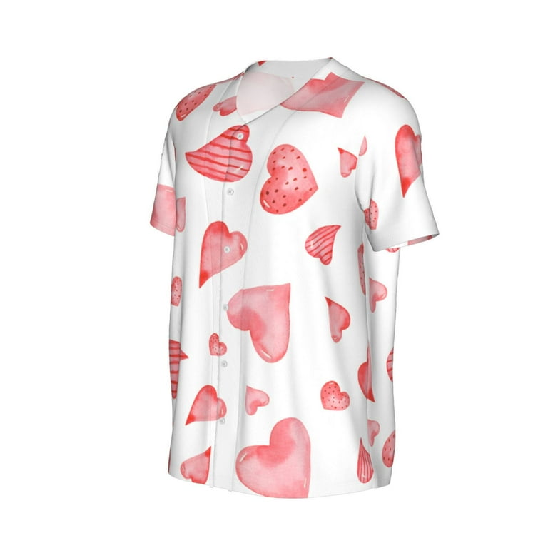 Daiia Pink Hearts Mens Baseball Jersey Button Down Shirts Short