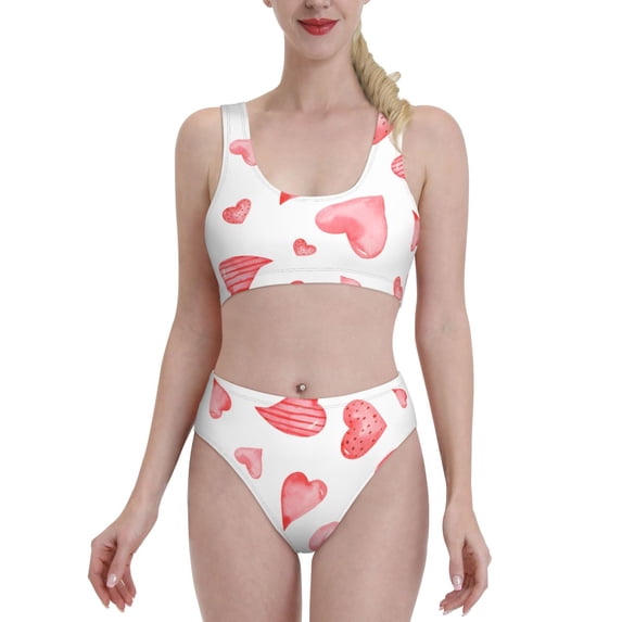 Daiia Pink Hearts printed 2 piece Swimsuit Bikinis for Women High Waisted Racerback Bathing Suits Summer Tummy Control Scoop Neck Swimwear-X-Large
