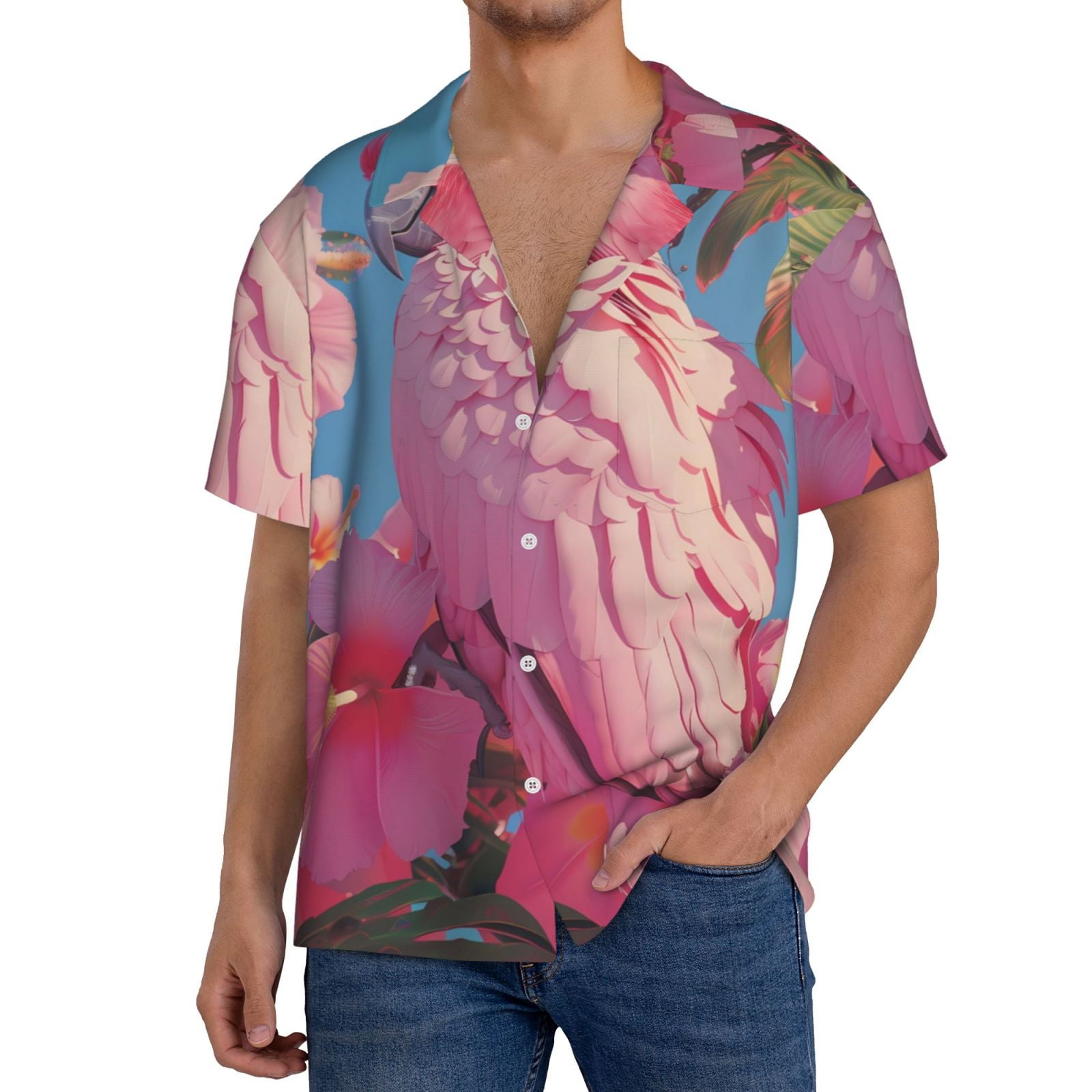 Daiia Pink Parrot Tropical Blossoms Men's Linen Shirts Short Sleeve ...