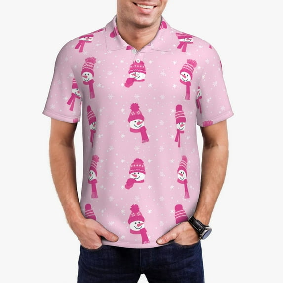 Daiia Pink Scarf Snowman Pattern Men’s Polo Shirts,Solid Deck Shirt,Classic Fit, Breathable Cotton Polo for Casual and Sport Wear-Small