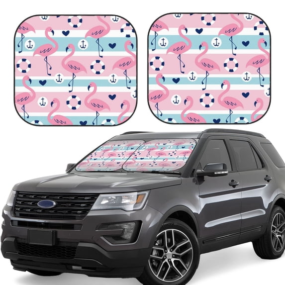 Daiia Pink Striped Flamingo 2PCS Car Windshield Sun Shade, Foldable Sun Shield for Car Front Window, Auto Sun Blocker Visor Protector Universal for Truck SUV Pickup-Large