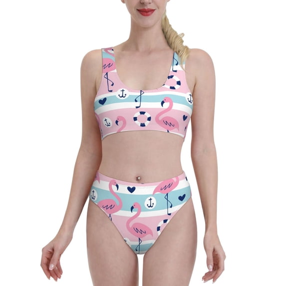 Daiia Pink Striped Flamingo printed 2 piece Swimsuit Bikinis for Women High Waisted Racerback Bathing Suits Summer Tummy Control Scoop Neck Swimwear-Large