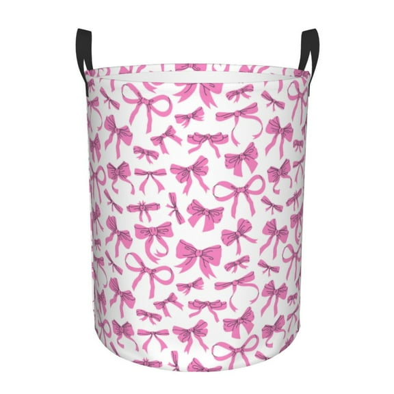 Daiia Pink bows Pattern Round Laundry Basket with Handles Thickened Waterproof Circular hamper,Dirty Clothes Storage Basket for Bedroom,Bathroom,College Dorm-Small
