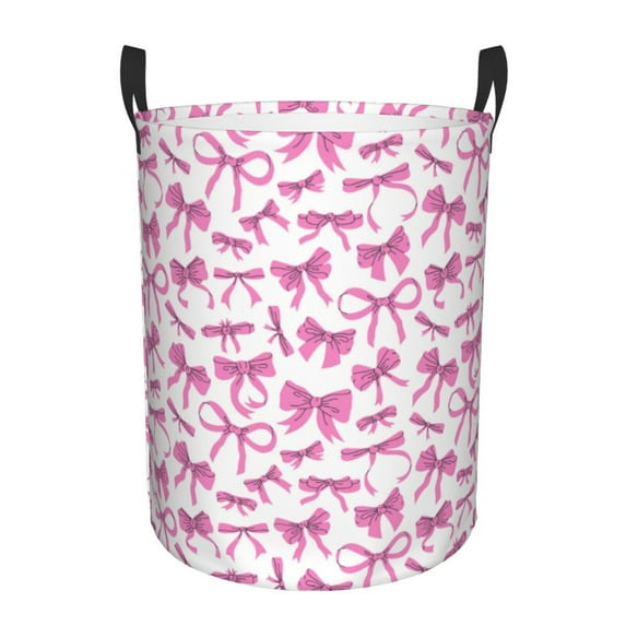 Daiia Pink bows Pattern Round Laundry Basket with Handles Thickened Waterproof Circular hamper,Dirty Clothes Storage Basket for Bedroom,Bathroom,College Dorm-