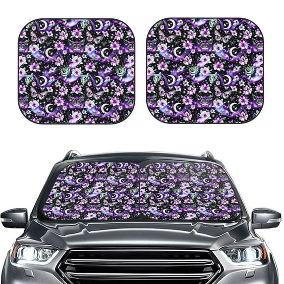Daiia Pink purple rainbow flower butterfly 2PCS Car Windshield Sun Shade, Foldable Sun Shield for Car Front Window, Auto Sun Blocker Visor Protector Universal for Truck SUV Pickup-Large