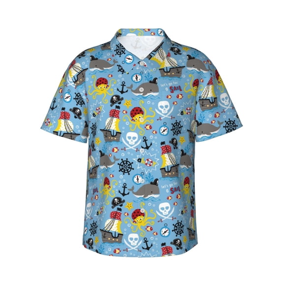 Daiia Pirate Marine Animals Hawaiian Shirt for Men Gentle Cotton Regular Short Sleeve Casual-Large