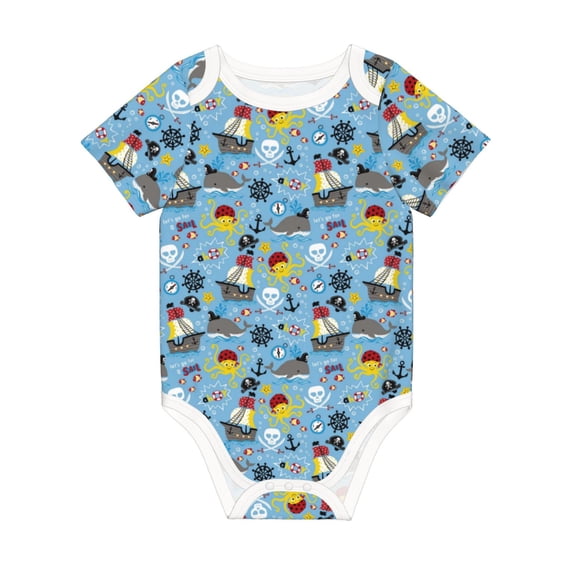 Daiia Pirate Marine Animals Printed Unisex-Baby Short Sleeve Onesies Bodysuits Baby Climbing Clothes Soft and Comfortable Romper with Expandable Shoulder Design-2 Years