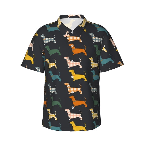 Daiia Plaid Dachshund Hawaiian Shirt for Men Gentle Cotton Regular Short Sleeve Casual-3X-Large