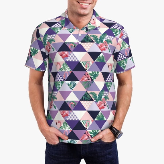 Daiia Plaid Flamingo Pattern Men’s Polo Shirts,Solid Deck Shirt,Classic Fit, Breathable Cotton Polo for Casual and Sport Wear-Large