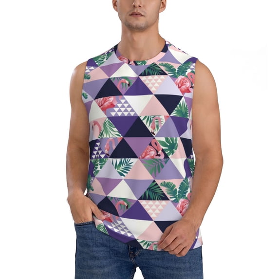 Daiia Plaid Flamingo Printed Men's Tank Tops,Casual Soft Sleeveless Gym Muscle Shirts Bodybuilding Tee-Large