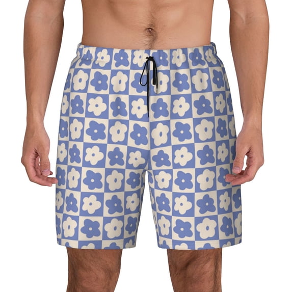 Daiia Plaid Flowers Mens Swim Trunks Swim Shorts Quick Dry Swim Shorts with Mesh Lining Pockets-Medium