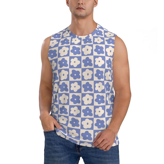Daiia Plaid Flowers Printed Men's Tank Tops,Casual Soft Sleeveless Gym Muscle Shirts Bodybuilding Tee-Large