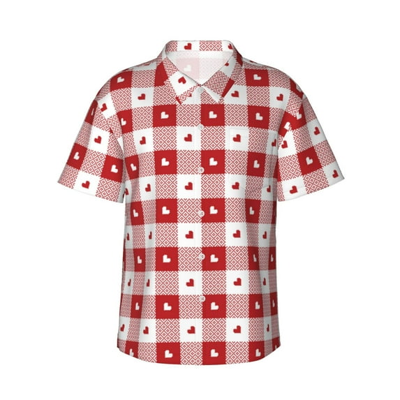 Daiia Plaid Heart Hawaiian Shirt for Men Gentle Cotton Regular Short Sleeve Casual-Small