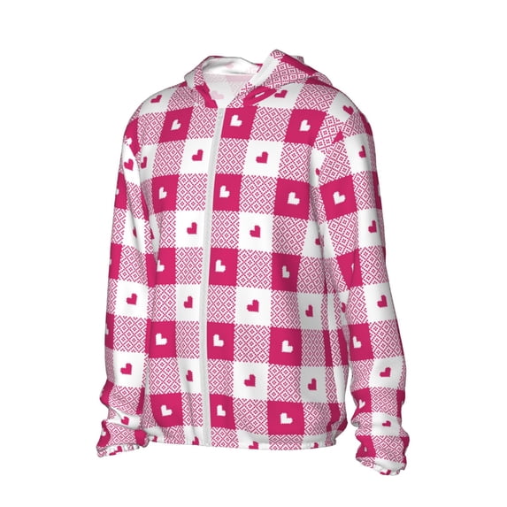 Daiia Plaid Heart UPF 50+ Sun Protection Hoodie Jacket Lightweight Long Sleeve Sun Shirt for Women Men with Pocket Hiking Outdoor-Large