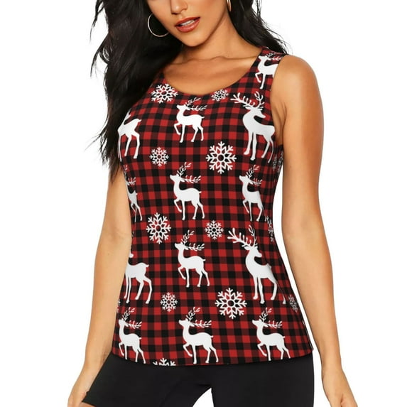 Daiia Plaid Reindeer Snowflakes Printed Womens Workout Tops for Women Quick-dry Tank Tops Mesh Yoga Shirts Athletic Running Tank Tops Sleeveless Gym Clothes-XX-Large