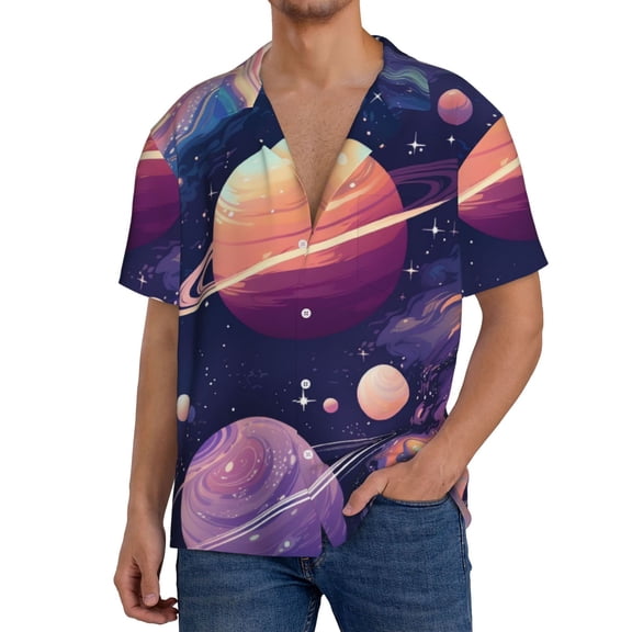 Daiia Planet Pastel Galaxy Men's Linen Shirts Short Sleeve Casual Shirts Button Down Shirt for Men Beach Summer Wedding Shirt-4X-Large