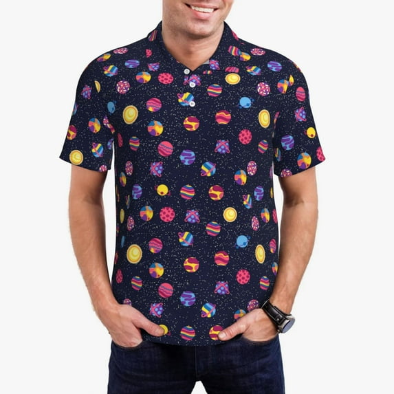 Daiia Planets Pattern Men’s Polo Shirts,Solid Deck Shirt,Classic Fit, Breathable Cotton Polo for Casual and Sport Wear-4X-Large