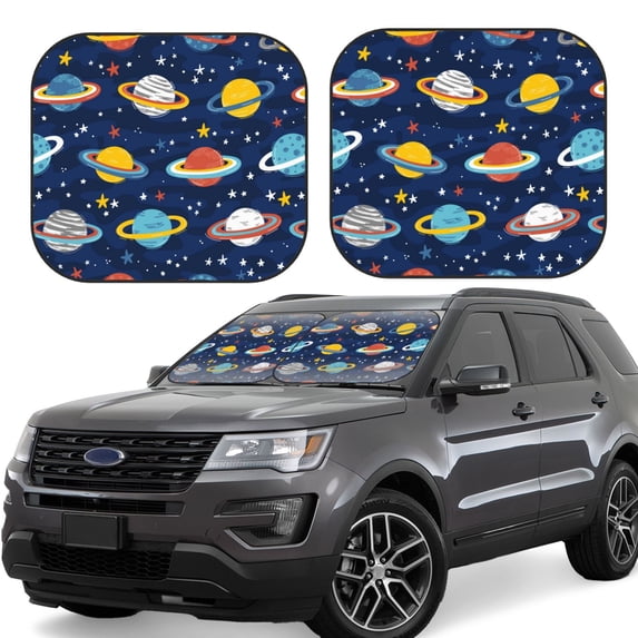 Daiia Planets and Stars 2PCS Car Windshield Sun Shade, Foldable Sun Shield for Car Front Window, Auto Sun Blocker Visor Protector Universal for Truck SUV Pickup-Medium