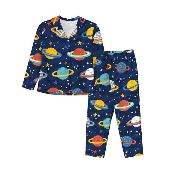 Daiia Planets and Stars for Women's Long-Sleeved Pajama Set – Soft & Comfortable Sleepwear Button-Up Pajamas Cozy Lounge Wear-Large