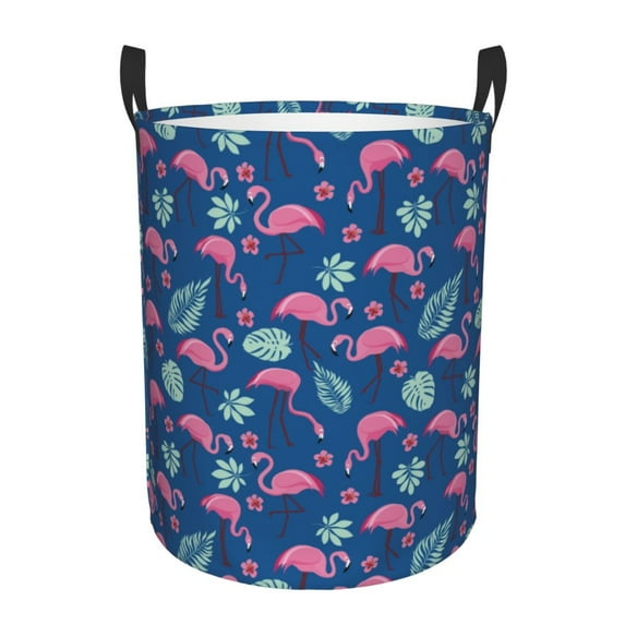Daiia Plants And Flamingos Round Laundry Basket with Handles Thickened Waterproof Circular hamper,Dirty Clothes Storage Basket for Bedroom,Bathroom,College Dorm-Small